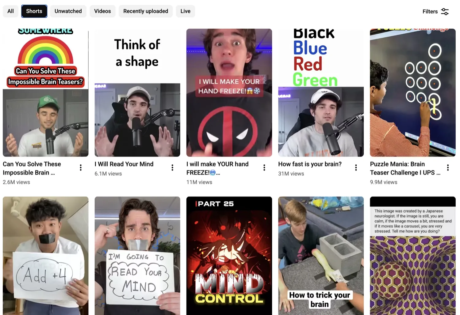 A page of short videos about brain teasers, memory tricks and optical illusions